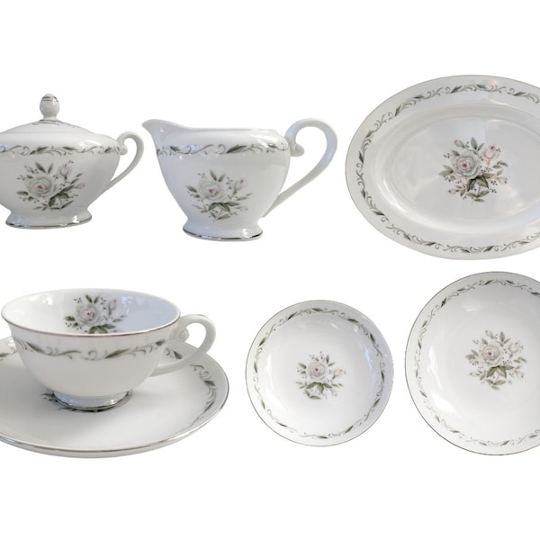 Vintage Diamond China Romance Pattern China / Sugar and Creamer Set, Teacup and Saucer Set, Veggie Serving Bowl, Oval Platter