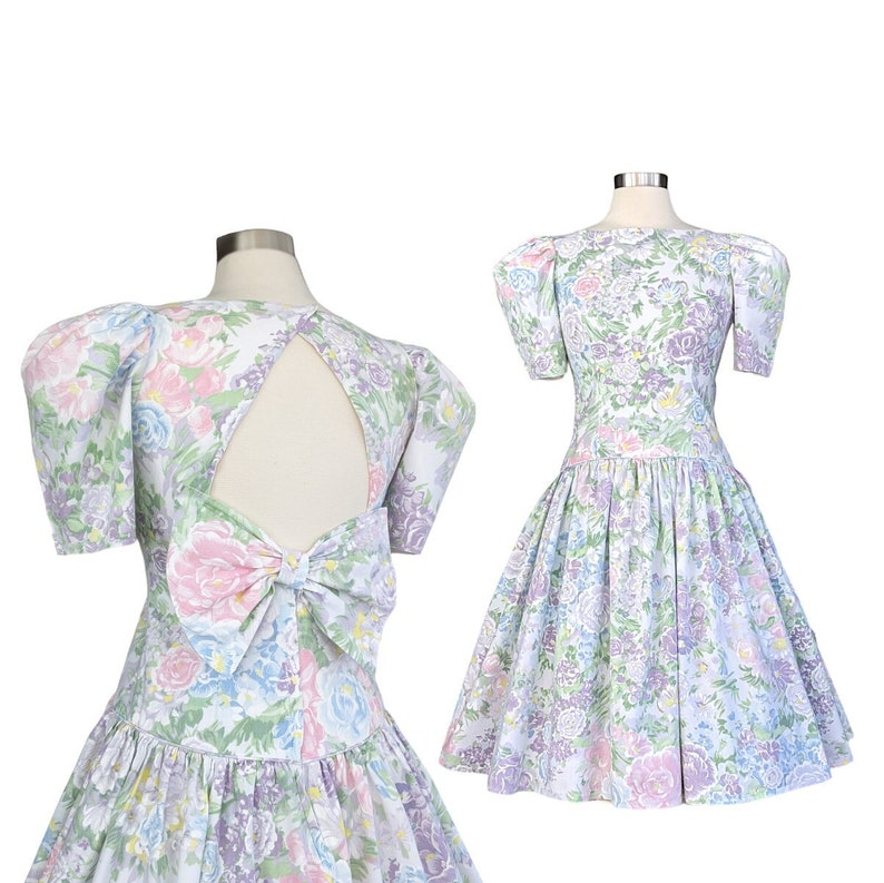 Vintage Pastel Floral Dress, 1980s Puffy Sleeve Cotton Gown, Drop Waist Party Dress image 1
