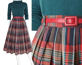 Vintage Pleated Plaid Skirt, Extra Small / 1950s Style Brown and Red Plaid Skirt / Flared A Line Midi Skirt