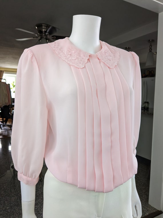 Vintage Pink Pleated Blouse, Medium / Sheer Crepe… - image 4