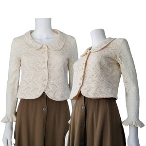 Vintage Knit Crochet Top, Extra Small / 1950s Sheer Ivory Knit Button Blouse with Ruffled Cuffs and Peter Pan Collar image 1