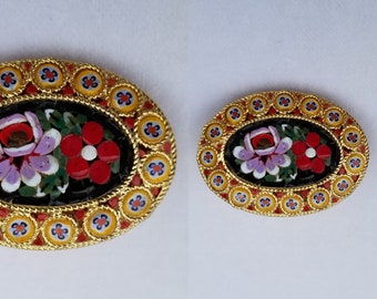 Vintage Mosaic Floral Brooch / 1950s Italian Glass Souvenir Pin / Oval Gold Tone Pin / Floral Glass Art Pin / Costume Jewelry Brooch