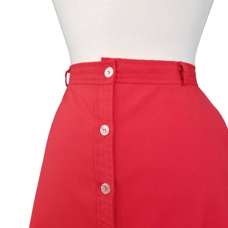 Vintage Red Button Skirt, Medium / 1980s Mod A Line Skirt with Pockets / Casual Knee Length Twill Midi Skirt image 6