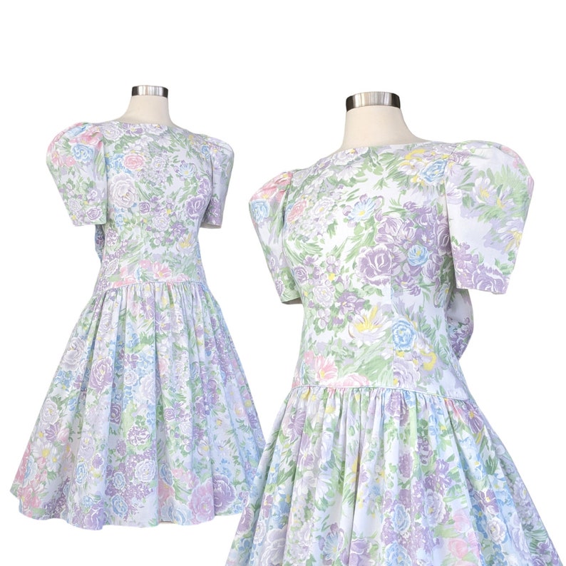 Vintage Pastel Floral Dress, 1980s Puffy Sleeve Cotton Gown, Drop Waist Party Dress image 6