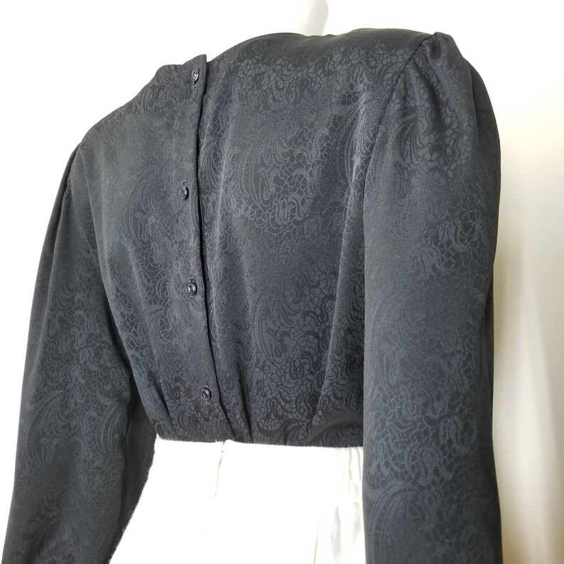 Vintage Pleated Black Blouse, Medium / 1940s Style Back Button Blouse / Silky Floral Jacquard Cocktail Blouse image 2