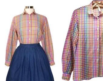 Vintage Rainbow Plaid Blouse, Extra Small Petite / Multi Colored Button Blouse / Womens Country Western Shirt / 1950s Style Rockabilly Shirt