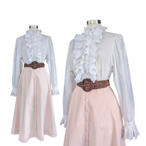 Vintage Ruffled Poet Blouse, Medium Large, White Cotton Button Blouse with Eyelet Ruffle Collar and Cuffs image 1