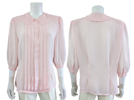 Vintage Pink Pleated Blouse, Medium / Sheer Crepe… - image 9