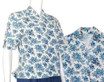 Vintage Blue Floral Button Blouse, Medium / 1950s Handmade Dress Shirt / Short Sleeve Cotton Blouse / Chintzy Blue Summer Button Up Blouse