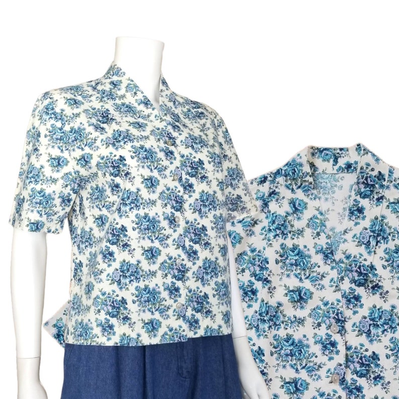 Vintage Blue Floral Button Blouse, Medium / 1950s Handmade Dress Shirt / Short Sleeve Cotton Blouse / Chintzy Blue Summer Button Up Blouse image 1