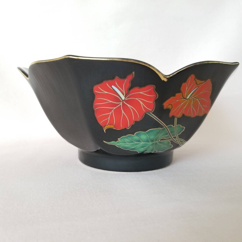 Vintage Decorative Bowl / Black Floral Bowl / Red Anthurium Console Bowl / Ceramic Bowl / Catch All Dish Jewelry Dish / Retro 80s Home Decor image 4