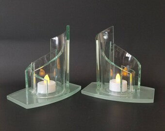 Vintage Glass Candle Holders / Modern Architectural Votive Holders / Pair of Contemporary Style Green Art Glass Decorative Tea Light Holder
