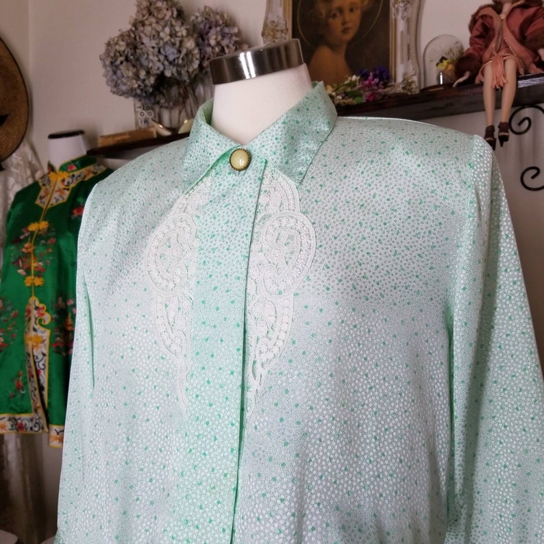 Vintage Silky Blouson Blouse, Extra Large / Green Satin Button Blouse / Wide Sleeve Collared Dress Blouse / Retro 80s St Patricks Day Shirt image 8