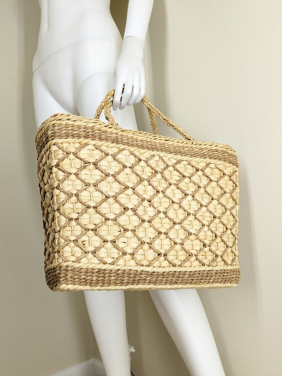 Vintage Straw Basket Bag / 70s Large Structured Woven… Gem
