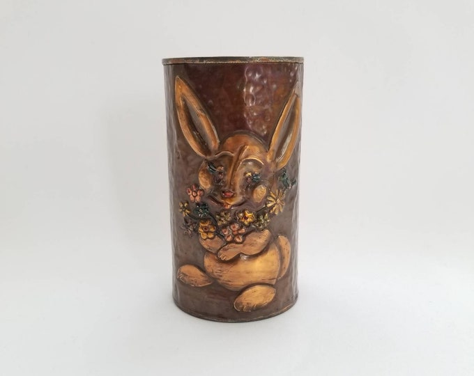 Vintage 60s Bunny Pencil Holder / 1960s Easter Bunny Pencil Cup / Hammered Tin Desk Decor