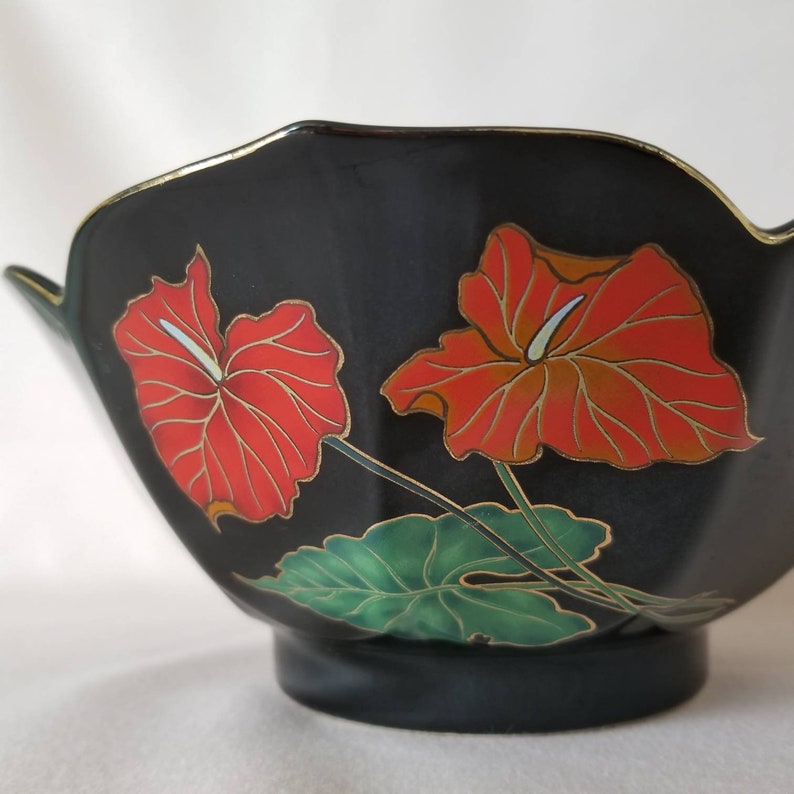 Vintage Decorative Bowl / Black Floral Bowl / Red Anthurium Console Bowl / Ceramic Bowl / Catch All Dish Jewelry Dish / Retro 80s Home Decor image 5