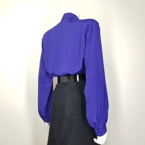 Vintage Cocktail Blouse, Large / Royal Purple Button Blouse with Pleated Shoulders / 1980s Long Sleeve Jewel Tone Dress Top image 4