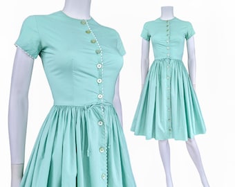Vintage 1960s Fit and Flare Dress, Pastel Green Cotton Swing Dress with Buttons, Extra Small Petite