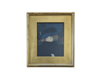 Vintage Gustav Klimt Art Print of Lady in Antiqued Gold Gilt Frame 14 x 16, Moody Wall Art Decor