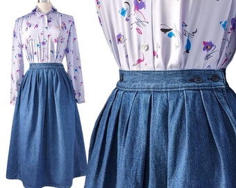 Vintage Pleated Denim Skirt, Extra Small, 1980s Calvin Klein Blue Jean Skirt, Flared Midi Skirt with Pockets