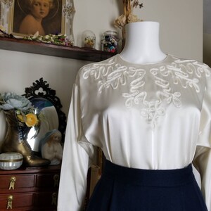 Vintage Embroidered Satin Blouse, Small / Victorian Revival Cocktail Blouse with Soutache Ribbonwork / Silky Cream Back Button Blouse image 7