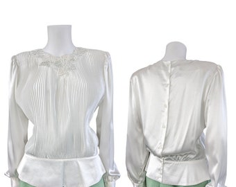 Vintage Fortuny Pleated Blouse, Large / White Satin Back Button Cocktail Blouse / Silky Peplum Blouse with Beads and Sequins