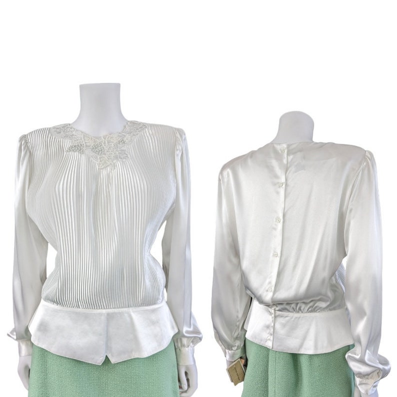 Vintage Fortuny Pleated Blouse, Large / White Satin Back Button Cocktail Blouse / Silky Peplum Blouse with Beads and Sequins image 1