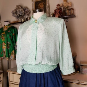 Vintage Silky Blouson Blouse, Extra Large / Green Satin Button Blouse / Wide Sleeve Collared Dress Blouse / Retro 80s St Patricks Day Shirt image 9