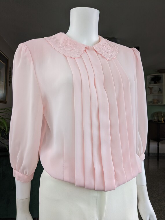 Vintage Pink Pleated Blouse, Medium / Sheer Crepe… - image 8