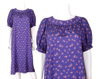 Vintage Puffy Sleeve Dress, Small Medium / Loose Purple Tent Dress / Heart Print Lanz Dress / 1980s Silky Midi Dress House Dress