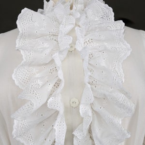 Vintage Ruffled Poet Blouse, Medium Large, White Cotton Button Blouse with Eyelet Ruffle Collar and Cuffs image 9