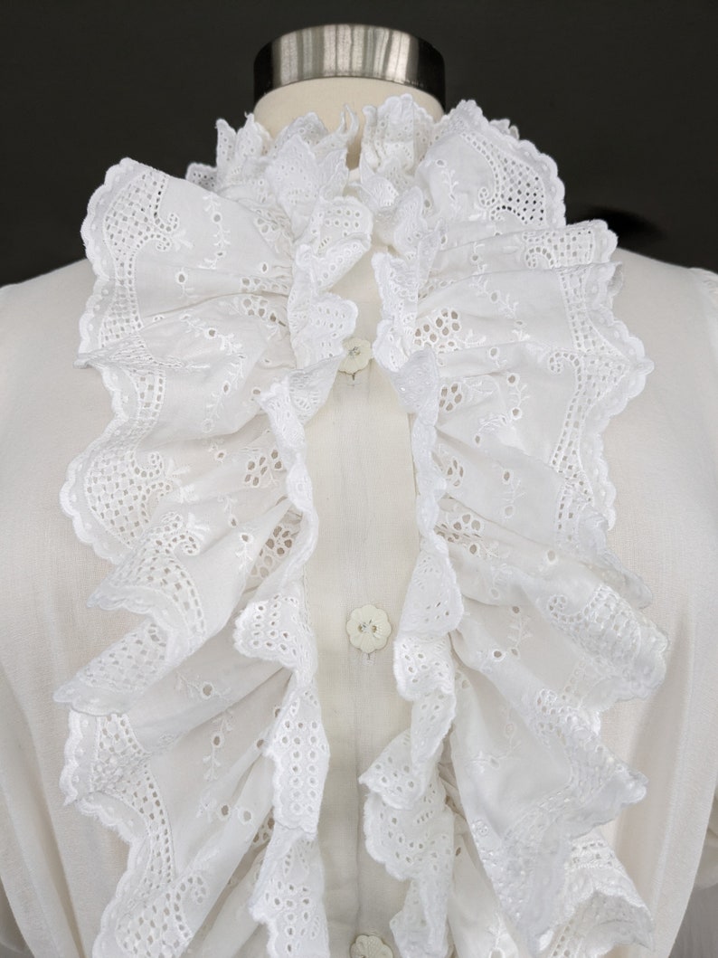 Vintage Ruffled Poet Blouse, Medium Large, White Cotton Button Blouse with Eyelet Ruffle Collar and Cuffs image 9