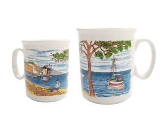 Vintage Fisherman on the Beach Mug / Novelty Porcelain Coffee Cup / Scenic Handled Gift Mug