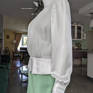 Vintage Fortuny Pleated Blouse, Large / White Satin Back Button Cocktail Blouse / Silky Peplum Blouse with Beads and Sequins image 6
