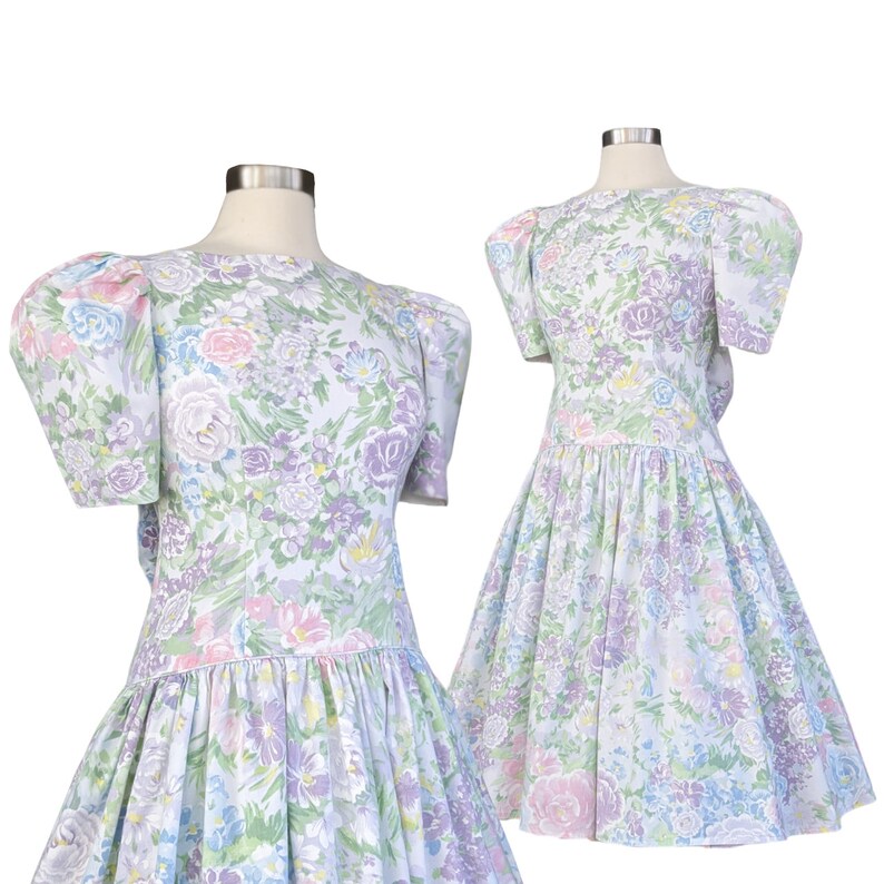 Vintage Pastel Floral Dress, 1980s Puffy Sleeve Cotton Gown, Drop Waist Party Dress image 4