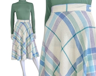 Vintage Plaid Swing Skirt, Small, 70s Wool Blend Pastel Plaid Flared Midi Skirt