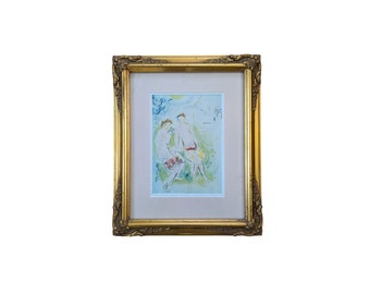 Vintage Framed Art Print, Gold Relief Frame Wall Decor with Matted Print of Daphnis and Chloe Painting by Marc Chagall 14 x 17
