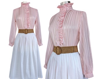Vintage Ruffled Prairie Blouse, Small Medium, High Neck Button Blouse, Jacquard Stripe Pink Pioneer Blouse