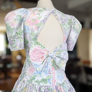 Vintage Pastel Floral Dress, 1980s Puffy Sleeve Cotton Gown, Drop Waist Party Dress image 7