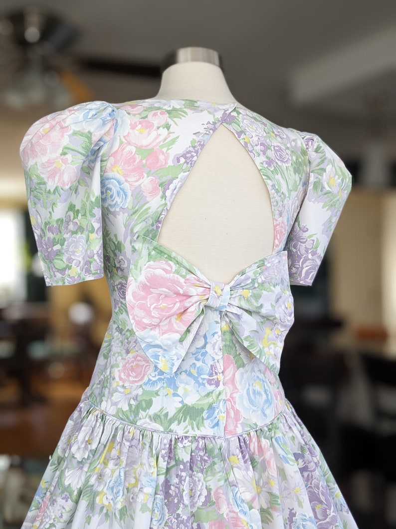 Vintage Pastel Floral Dress, 1980s Puffy Sleeve Cotton Gown, Drop Waist Party Dress image 7
