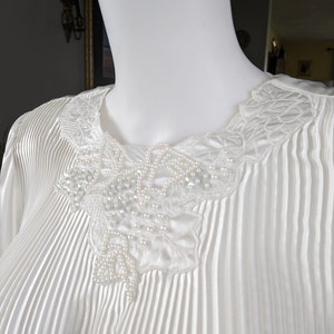 Vintage Fortuny Pleated Blouse, Large / White Satin Back Button Cocktail Blouse / Silky Peplum Blouse with Beads and Sequins image 9