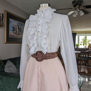 Vintage Ruffled Poet Blouse, Medium Large, White Cotton Button Blouse with Eyelet Ruffle Collar and Cuffs image 7