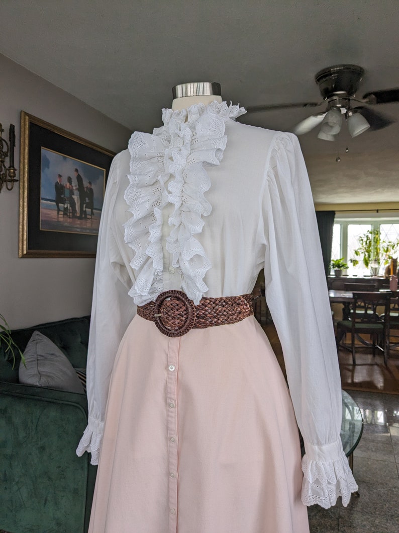 Vintage Ruffled Poet Blouse, Medium Large, White Cotton Button Blouse with Eyelet Ruffle Collar and Cuffs image 7