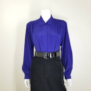 Vintage Cocktail Blouse, Large / Royal Purple Button Blouse with Pleated Shoulders / 1980s Long Sleeve Jewel Tone Dress Top image 3
