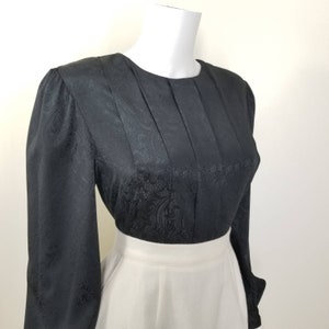 Vintage Pleated Black Blouse, Medium / 1940s Style Back Button Blouse / Silky Floral Jacquard Cocktail Blouse image 7