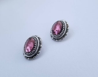 Vintage Art Deco Earrings / Whiting and Davis Jewelry / Oval Cabochon Earrings / Silver Tone Chunky Purple Rhinestone Clip On Earrings