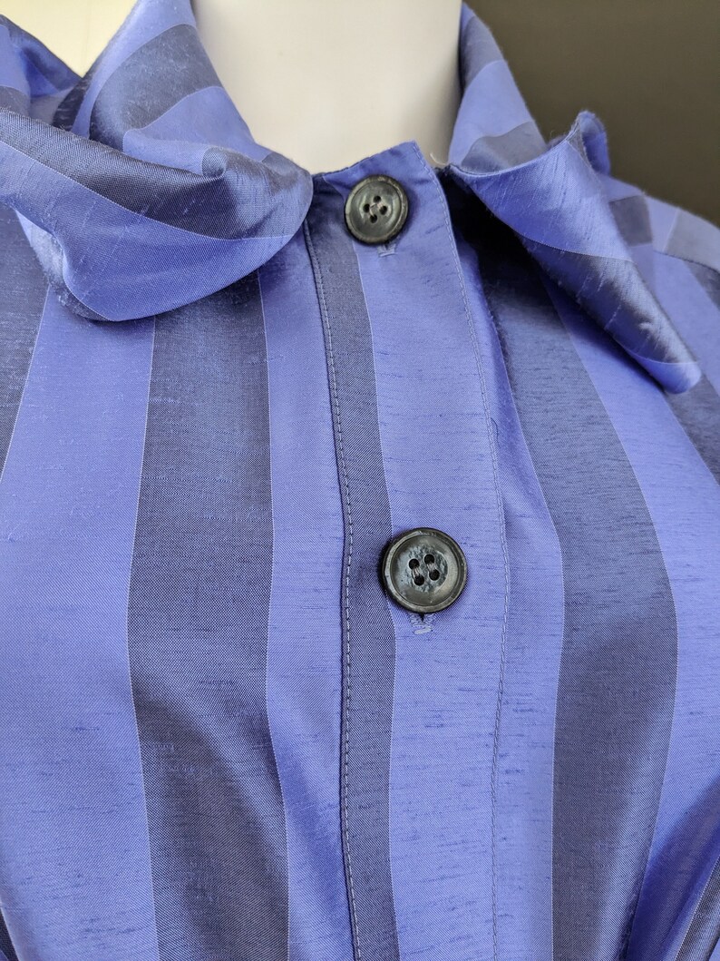 Vintage Tie Collar Cocktail Blouse, Large / Silky Purple Wide Sleeve Button Blouse / 1980s Striped Pussy Bow Dress Shirt image 10