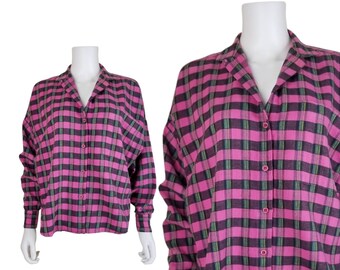 Vintage Pink Plaid Shirt, Medium / Oversized 80s Button Blouse / Pink & Black Plaid Dolman Cut Cotton Shirt / 1980s Boho Hippie Festival Top