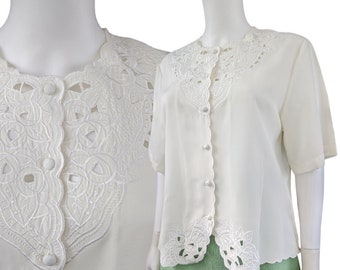 Vintage White Embroidered Blouse, Medium / Fancy Short Sleeve Cocktail Blouse with Embroidered Openwork Detail