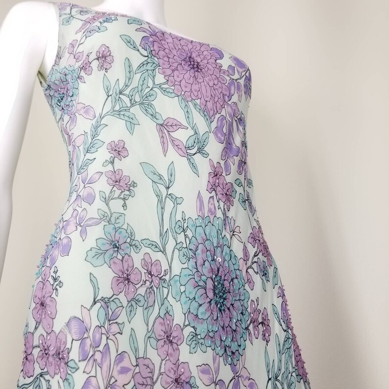 1990s Beaded Floral Sheath Dress Medium Art Nouveau Lavender Mint Slip Dress Long Flowered Mermaid Dress Summer Maxi Cocktail Dress